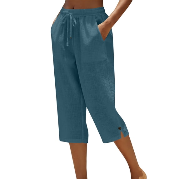 JFGHDG Women's Casual Linen Cropped Pants High Waisted Drawstring Elastic Waist Wide Leg Capri Pants with Pockets and Split Hem Blue 4XL