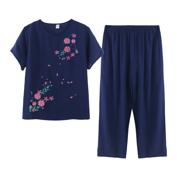 JFGHDG Womens Lounge 2 Piece Outfits Short Sleeve Tiered Tops Floral Print Wide Leg Capri Pants Summer Travel Outfits Navy 4XL