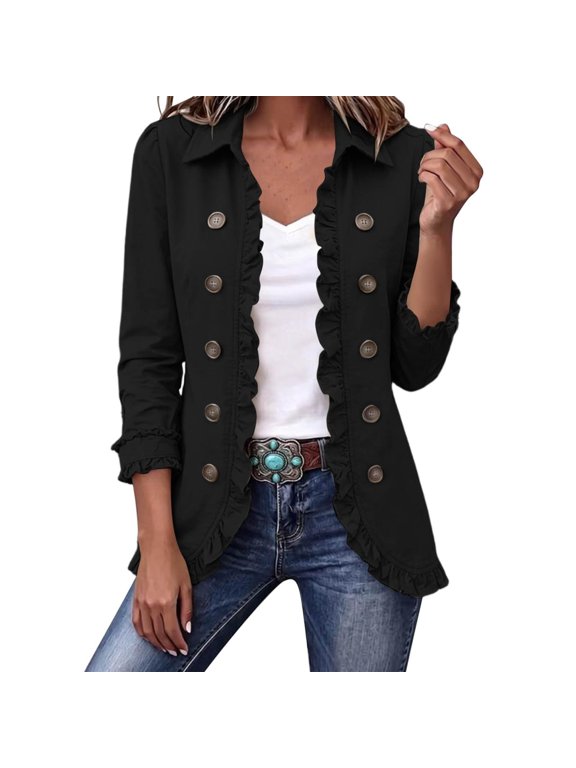 Womens Ruffle Trim Button Down Shirt Jacket Double Breasted Shacket Black L