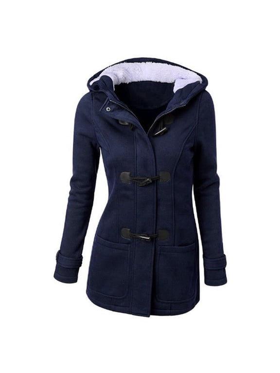 Womens Sherpa Lined Fleece Hoodie Jacket Toggle Duffle Coat Navy S