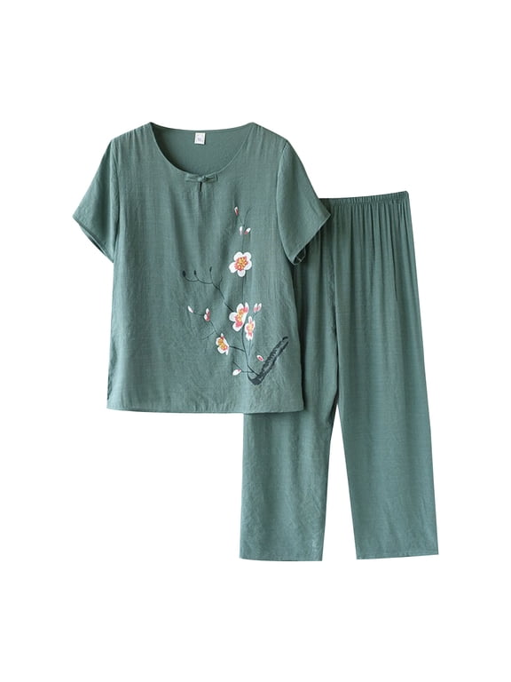 Womens Summer Pajama Sets 2 Piece Short Sleeve Top and Capri Pants Ladies Lounge Pjs Sets with Pockets Green XL