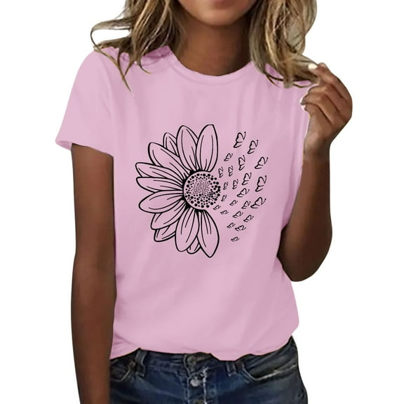 JFGHDG Womens T Shirts Short Sleeve Tees Oversized Tshirt Spring Tops for Women Oversized Graphic Tshirts for Women Tshirts Shirts for Women Sunflower Graphic Top Pink L