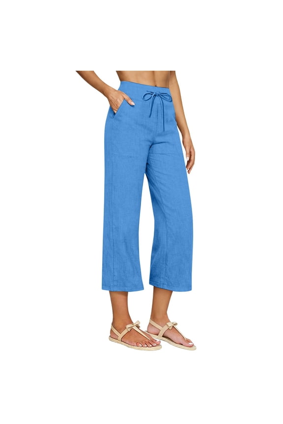 Womens Wide Leg Cropped Joggers Drawstring Elastic Waist Sweatpants with Pockets for Boho Beach and Yoga Hiking Blue M