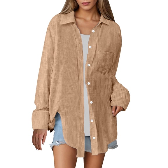 JFGHDG button down shirts for women Womens Shacket Long Sleeve Shirt Jacket breathable shirts for women shacket Daily Casual Solid Shirts Long Sleeve Shirts Tops Workout Blouse Fit Shirt Khaki 2XL