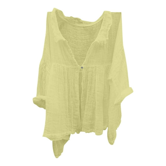 JFGHDG linen shirts for women Short Sleeve Cotton Linen Shirt linen button down shirt women 3/4 Length Sleeve Womens Tops t shirts for women plus size Lapel Single Shirt 3/4 Sleeved Shirt Yellow XL