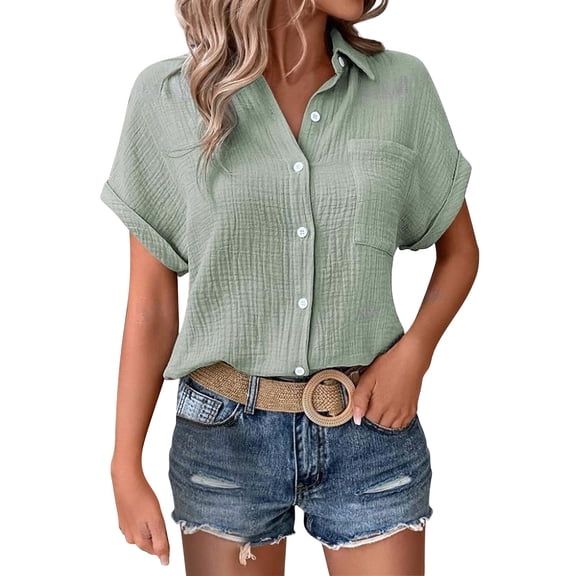 JFGHDG linen shirts for women Short Sleeve Cotton Linen Shirt linen button down shirt women Cotton Shirts for Women women button up shirt Tops Batwing Sleeve Pocket Patched Shirt T Shirts Green 5XL