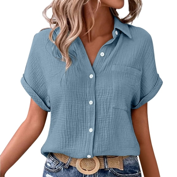 JFGHDG linen shirts for women Short Sleeve Cotton Linen Shirt linen button down shirt women Graphic T-shirts breathable shirts for women Tops Batwing Sleeve Pocket Patched Shirt T Shirts Light Blue M