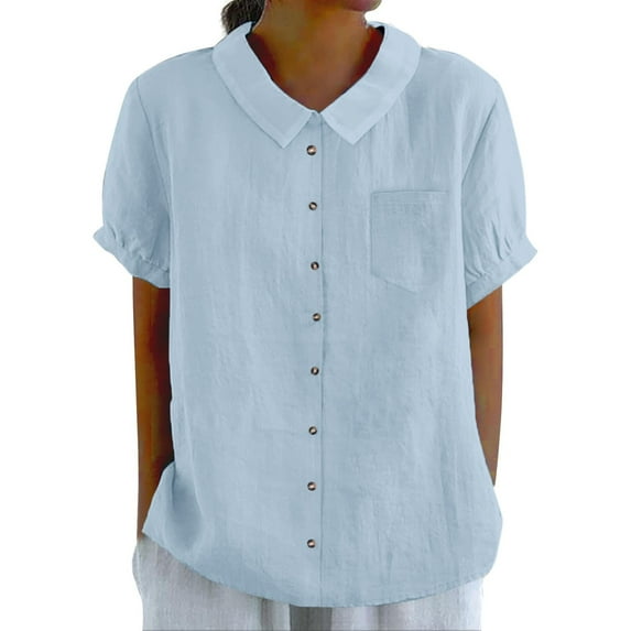 JFGHDG linen shirts for women Short Sleeve Cotton Linen Shirt linen button down shirt women Plus Size Tops Shirts for Women Trendy Shirts For Short Sleeve Collared Work Blouse Tunic Tops Light Blue L