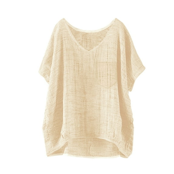 JFGHDG linen shirts for women Short Sleeve Cotton Linen Shirt linen button down shirt women batwing sleeve tops for women women button up shirt Button Shirt Top Stand Sleeve Collar Shirt Beige S