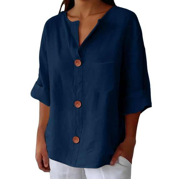 JFGHDG linen shirts for women Short Sleeve Cotton Linen Shirt linen button down shirt women flowy sleeve tops for women graphic tshirts Linen Shirts For Trendy Top Beach Tunic Tops Navy 2XL