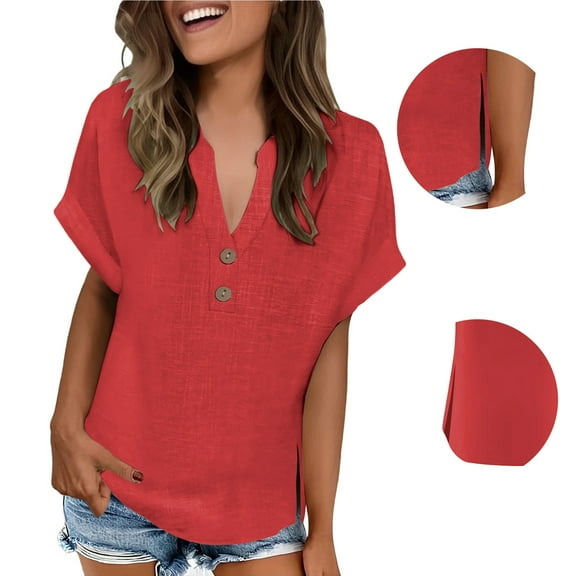 JFGHDG linen shirts for women Short Sleeve Cotton Linen Shirt linen button down shirt women flowy sleeve tops for women oversized summer tops for women Button Short Sleeved Slit Top T Shirt Red L