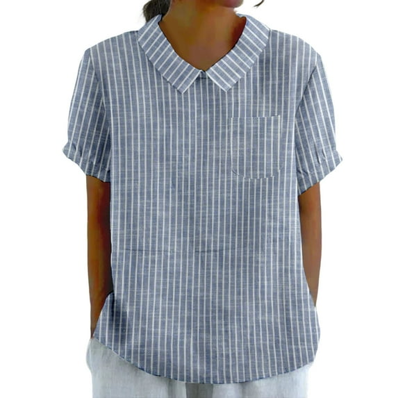 JFGHDG linen shirts for women Short Sleeve Cotton Linen Shirt linen button down shirt women flowy top Basic Tees for Women With Pockets Breathable Slimming Lapel Shirt Short Sleeve Top Blue L