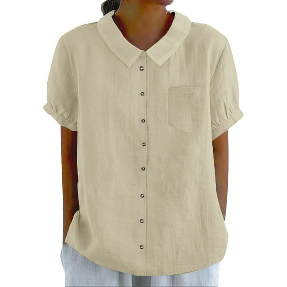 JFGHDG linen shirts for women Short Sleeve Cotton Linen Shirt linen button down shirt women tee shirts for women Cotton Shirts for Women Shirts For Short Sleeve Collared Blouse Tunic Tops Beige 2XL