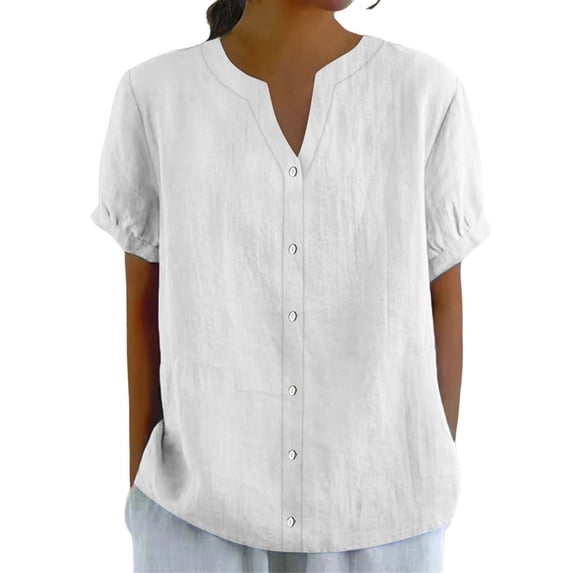 JFGHDG linen shirts for women Short Sleeve Cotton Linen Shirt linen button down shirt women women's short sleeve blouses graphic tees for women vintage Short Sleeved Top Shirt White XL