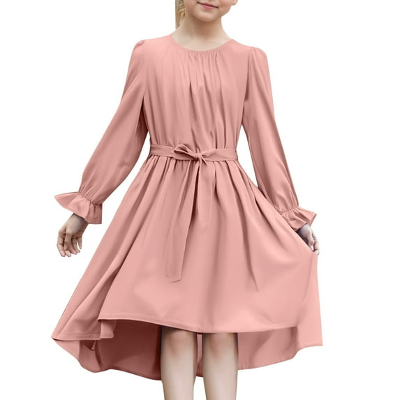 JFHHQ Girls Contrast Mesh Puff Short Sleeve Dress Kids High Waist A Line Casual Dresses with Pockets 4-16 Years