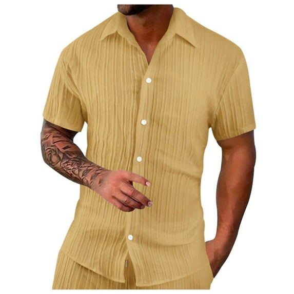 JFHHQ Men's Short Sleeve Casual Button Down Solid Shirt Relaxed Comfort Holiday Beach Wear top Yellow XXL
