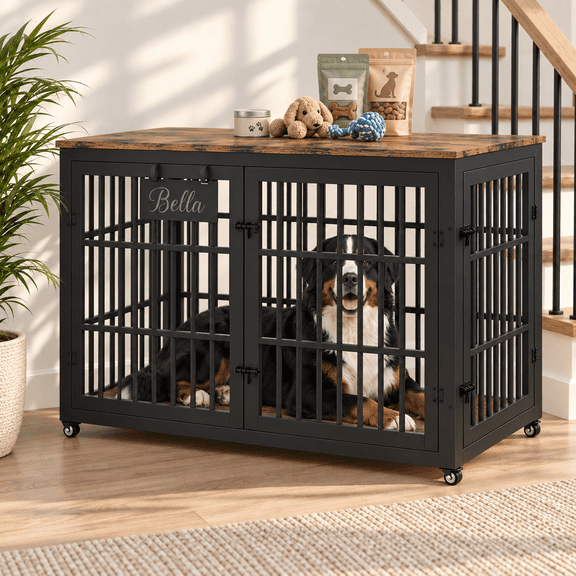 JFHID 46" Heavy-Duty Dog Crate Furniture for Large Dogs, XXL Wooden Dog Cage Kennel Indoor Furniture, Black and Brown