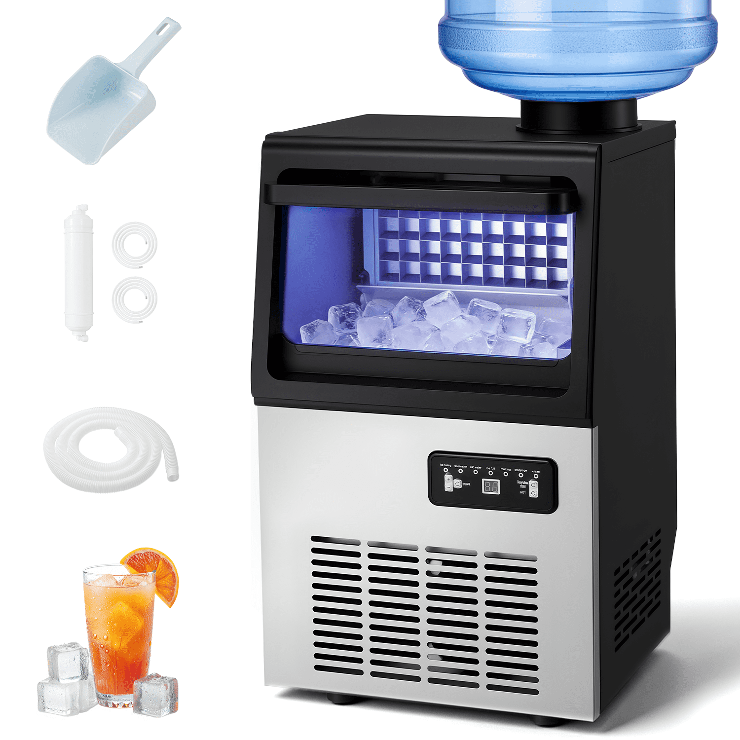 JFHID 90LBS/24H 2-in-1 Countertop Ice Maker, Freestanding Ice Machine with 2 Water Inlets