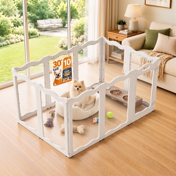 JFHID Clear Acrylic Dual-Lock Indoor Pet Playpen for Dogs with 10 Panels, White