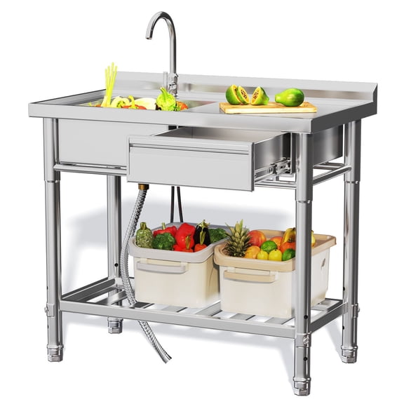 JFHID Stainless Steel Utility Sink,39.8" Free Standing Single Bowl Commercial Kitchen Sink with Drawer Faucet and Hot & Cold Water Pipe