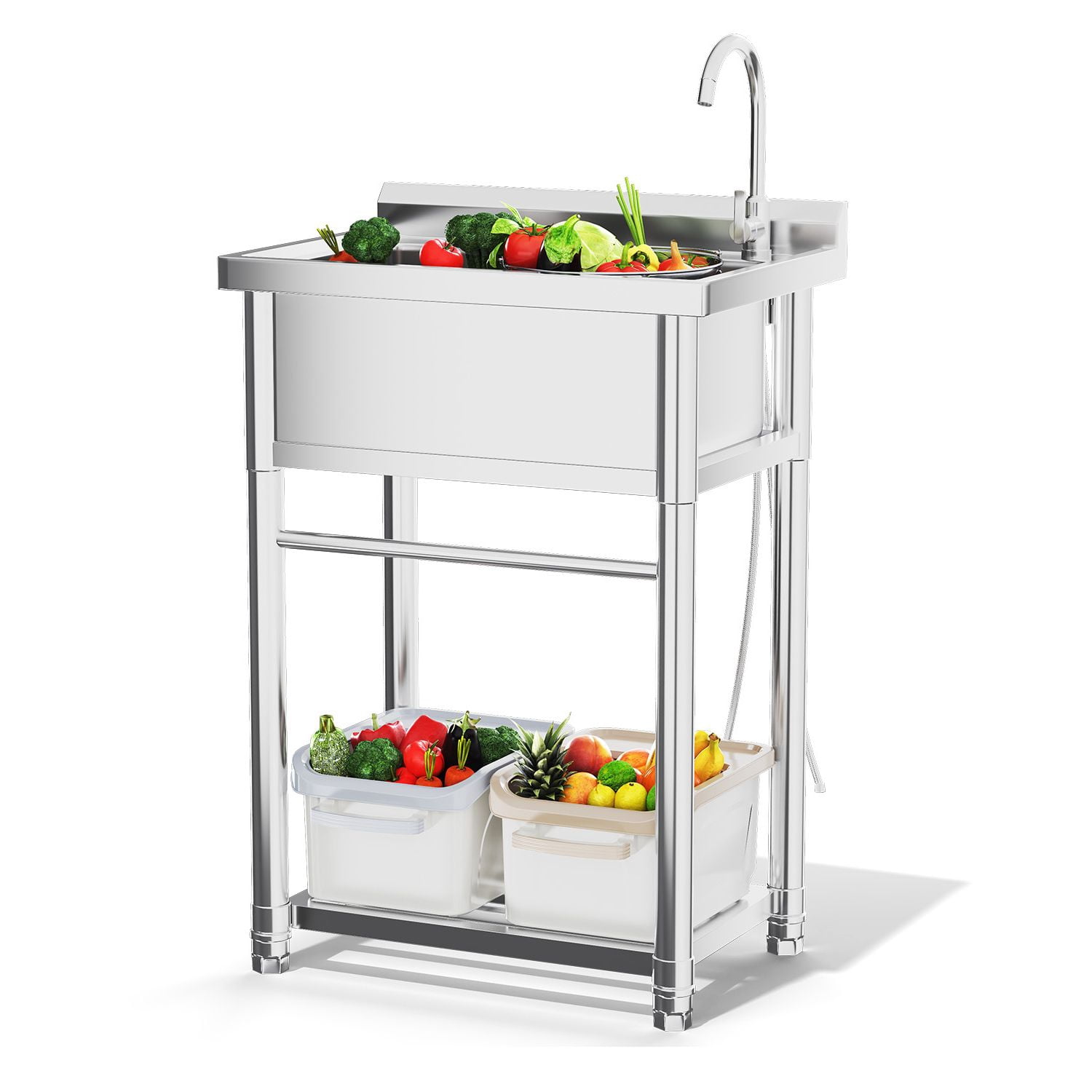 JFHID Stainless Steel Utility Sink, Free Standing Single Bowl Commercial Kitchen Sinks with Faucet & Shelf for Laundry Tub Restaurant Garage or Outdoor Use