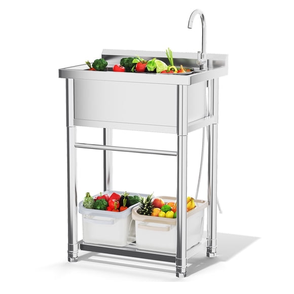 JFHID Stainless Steel Utility Sink, Free Standing Single Bowl Commercial Kitchen Sinks with Faucet & Shelf for Laundry Tub Restaurant Garage or Outdoor Use