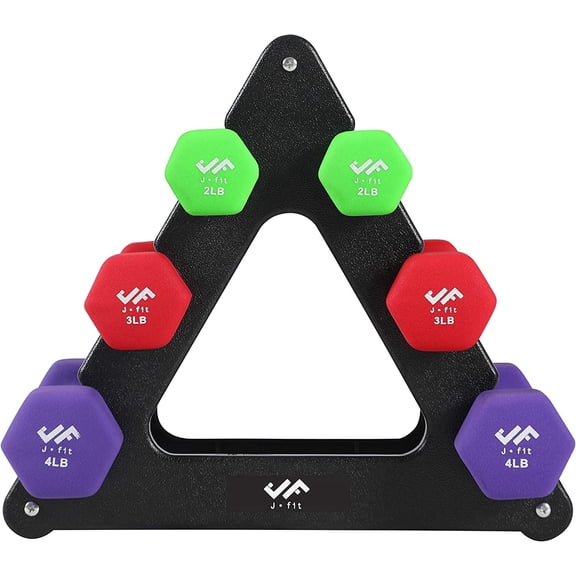 JFIT Dumbbell Set w/Durable Rack, Double Neoprene Coated Workout Weights, Solid Design Rack, 18 LB Set