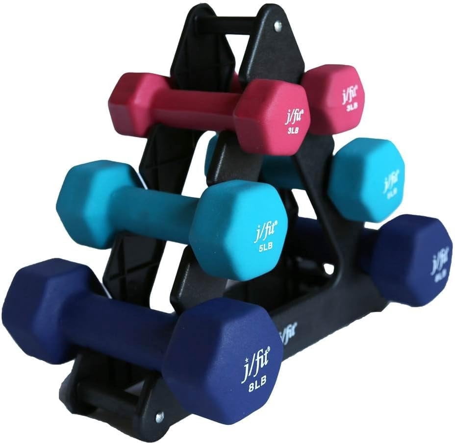 JFIT Dumbbell Set w/Durable Rack, Double Neoprene Coated Workout Weights, Solid Design Rack, 32 LB Set