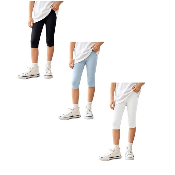 JFOPQVSM 3 Pack Cotton Cropped Leggings for Girls 3/4 Pants Basic Girls Capri Leggings (3-12Y)