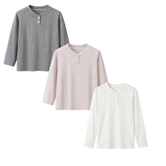 JFOPQVSM 3 Pack Toddler Boys' Cotton Long Sleeve Shirts Henley Shirt Ribbed Cotton Top Soft Breathable Long Sleeve T-Shirt with Button for 1-14 Years