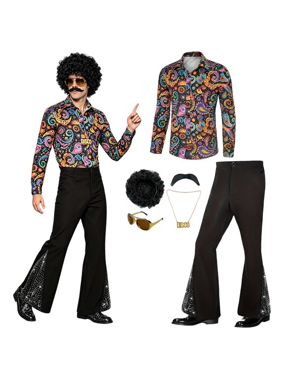 8 Pcs Mens 70's Disco Outfit Retro 70s Mens Costume for Adults 80s Bell Bottom Pants Short Sleeve Shirt Two Piece Sets