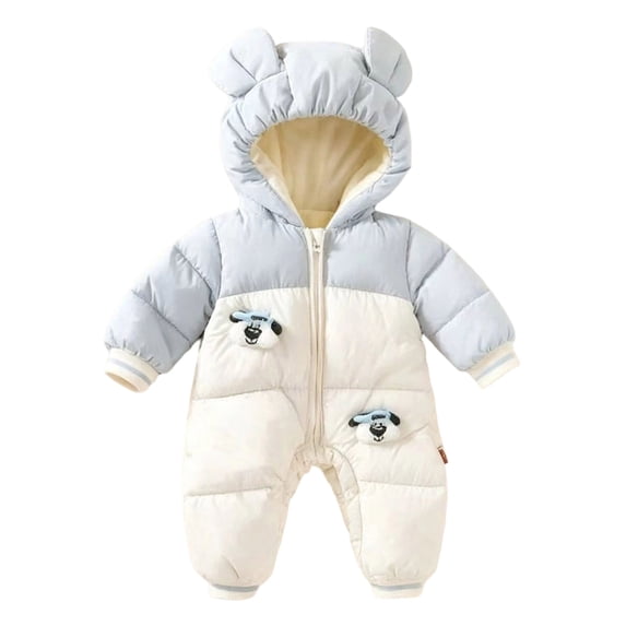 JFOPQVSM Baby Winter Snowsuit Bear Ear Hooded Padded Romper Fleece Lined Color Block Zipper Jumpsuit Infant Cold Weather Outfit