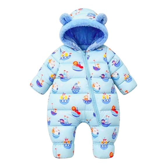 JFOPQVSM Baby Winter Snowsuit Fleece Lined Bear Ear Hooded Footed Romper Cartoon Print Zipper Infant Jumpsuit