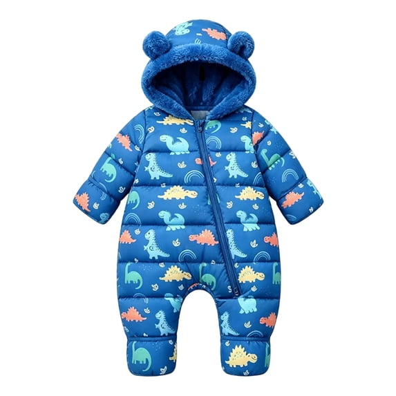 JFOPQVSM Baby Winter Snowsuit Fleece Lined Bear Ear Hooded Footed Romper Cartoon Print Zipper Infant Jumpsuit