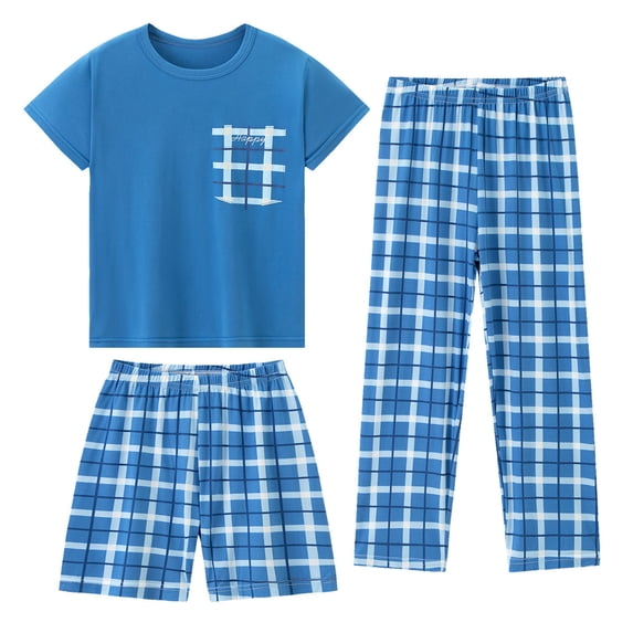 JFOPQVSM Boys Comfortable and Breathable Short Sleeved Home Clothes Fashionable Checkered Prints Homewear Three Piece Set