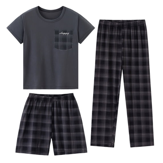 JFOPQVSM Boys Comfortable and Breathable Short Sleeved Home Clothes Fashionable Checkered Prints Homewear Three Piece Set