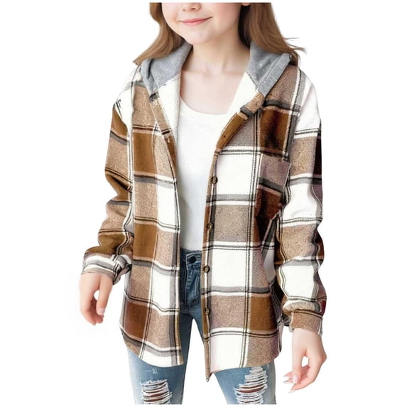 JFOPQVSM Girl Fall Jacket Plaid Lined Flannel Shirts Button Down Hooded Shirt Kids Casual Holiday Jackets 4 15 Years