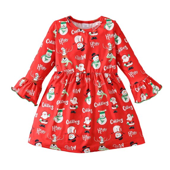 JFOPQVSM Girls Christmas Comfortable and Breathable Dress Fashionable and Cute Cartoon Print Long Sleeved Dress
