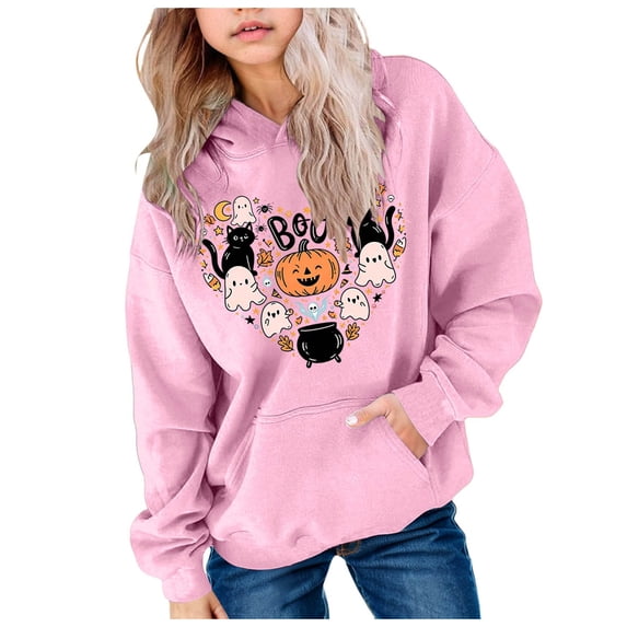 JFOPQVSM Girls' Hooded Long Sleeved Sweatshirt with Halloween Print Cute Fun Simple and Versatile Top
