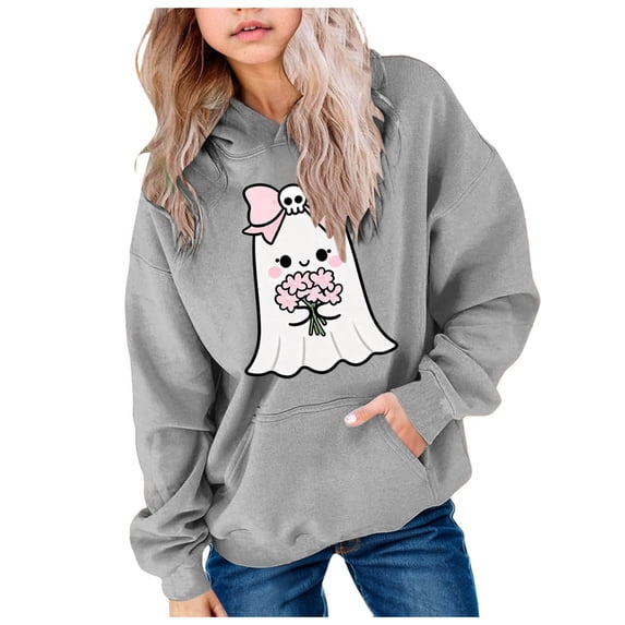 JFOPQVSM Girls' Hooded Long Sleeved Sweatshirt with Halloween Print Cute Fun Simple and Versatile Top