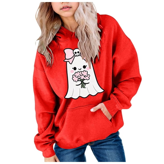 JFOPQVSM Girls' Hooded Long Sleeved Sweatshirt with Halloween Print Cute Fun Simple and Versatile Top