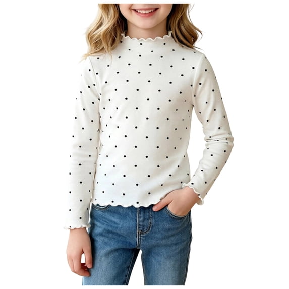 JFOPQVSM Girls' Long Sleeve T Shirt Trendy Polka Dot Shirts Soft Cotton Crewneck Plain Kids Tops