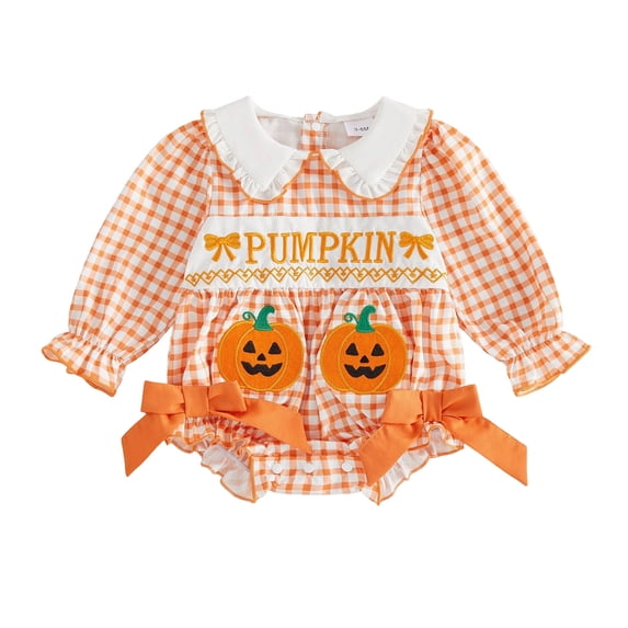 JFOPQVSM Girls Romper Halloween Pumpkin with Ruffle and Long Sleeves Holiday Bodysuit