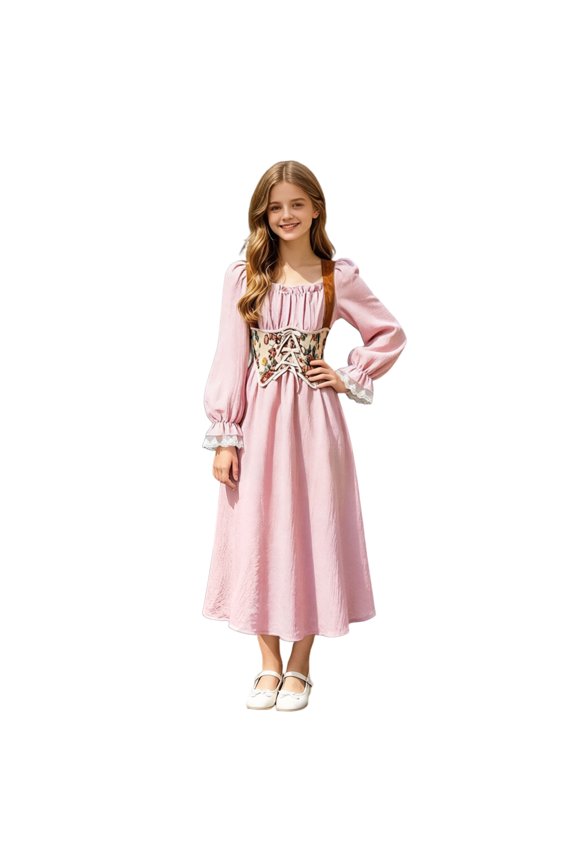 Girls Spring and Fall Long Sleeved Dress Fashionable Printed Strap Waist Dress (7-12Y)