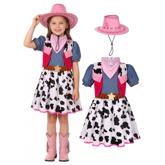 JFOPQVSM Girls Western Rodeo Dress Up Outfit Dress Western Cowboy Style Cos Clothes Kids' Vest & Bandana Set (3-8Y)