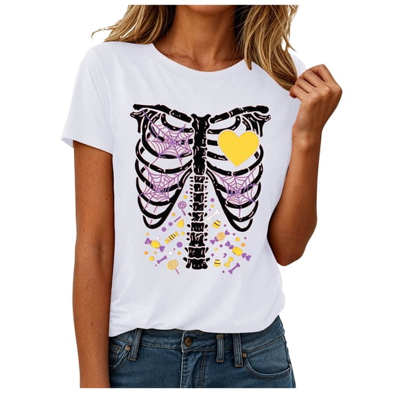 JFOPQVSM Halloween Shirt for Women Fashion Skeleton Print T Shirt Short Sleeve Soft Tee Shirt
