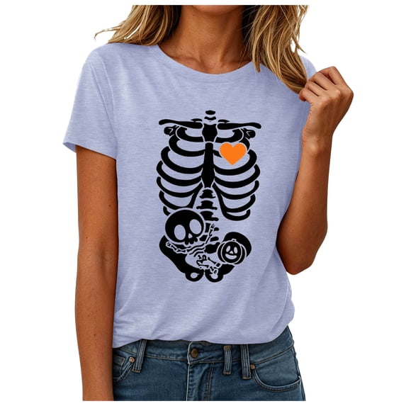 JFOPQVSM Halloween Shirt for Women Fashion Skeleton Print T Shirt Short Sleeve Soft Tee Shirt
