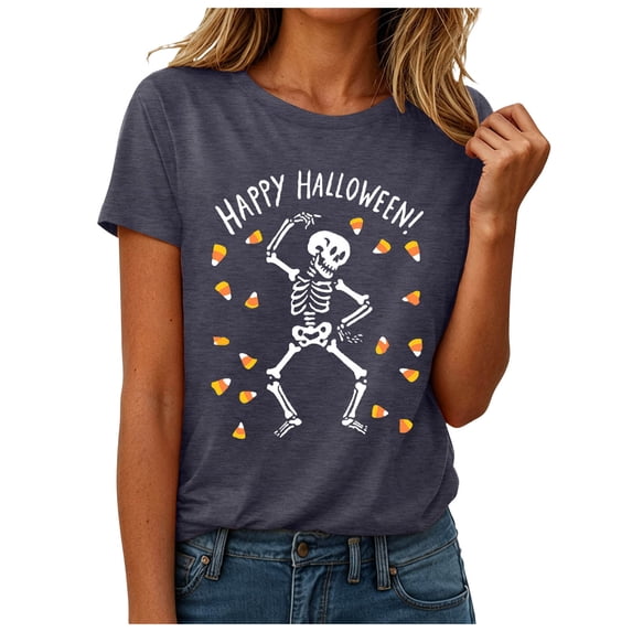 JFOPQVSM Halloween Shirt for Women Fashion Skeleton Print T Shirt Short Sleeve Soft Tee Shirt
