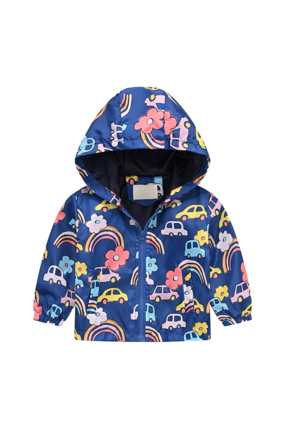 Lightweight Jacket for Girls Boys Kids & Toddler Cartoon Print Wind Jacket Zip Hooded Outerwear Raincoat (1-8Y)