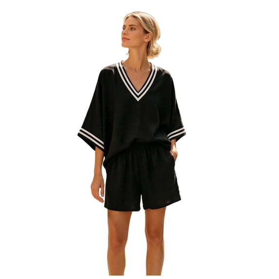 JFOPQVSM Linen Sets for Women 2 Piece Summer Boho V Neck Half Sleeve Tops and Wide Leg Shorts Casual Vacation Outfits